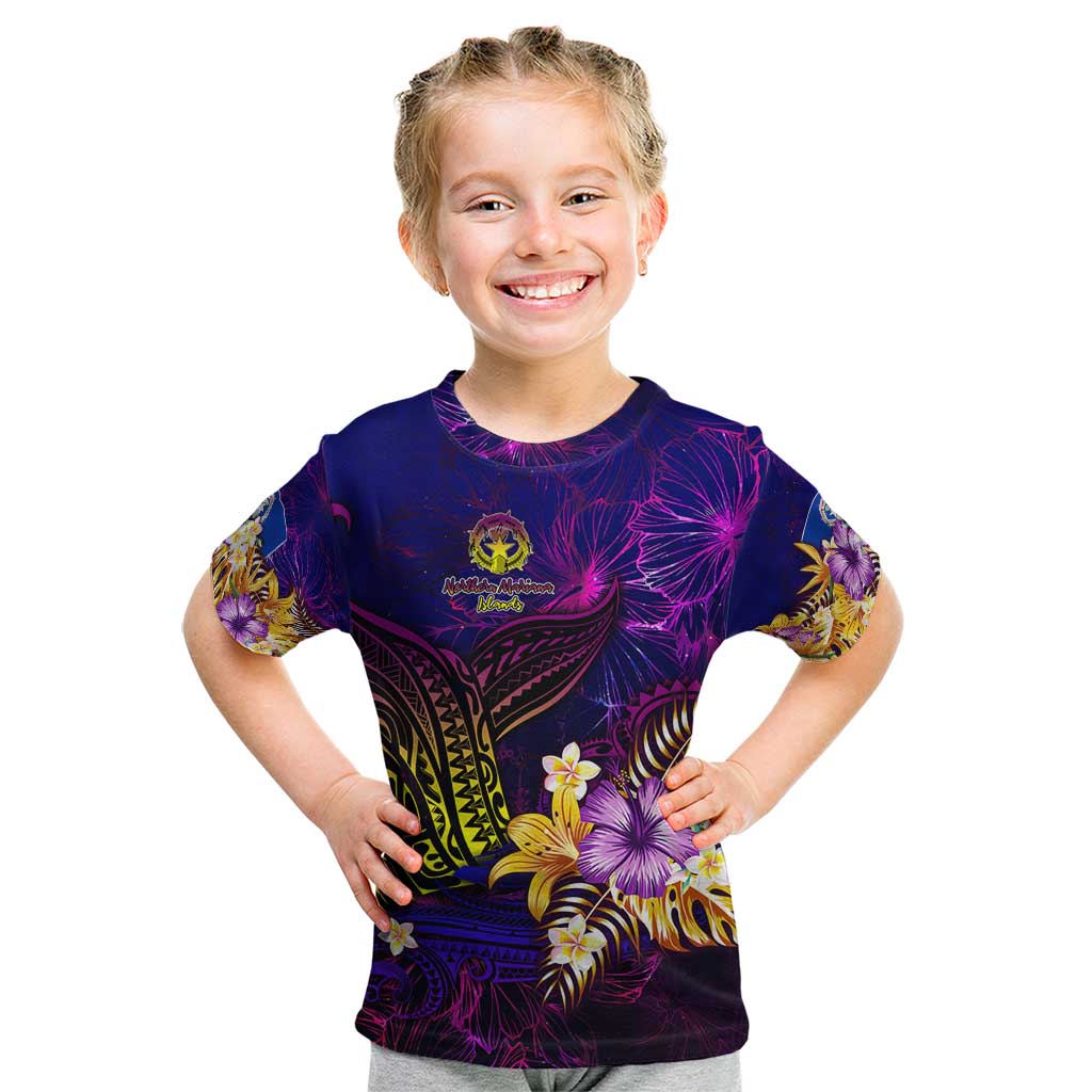 Northern Mariana Islands Kid T Shirt Whale Hibiscus Polynesian