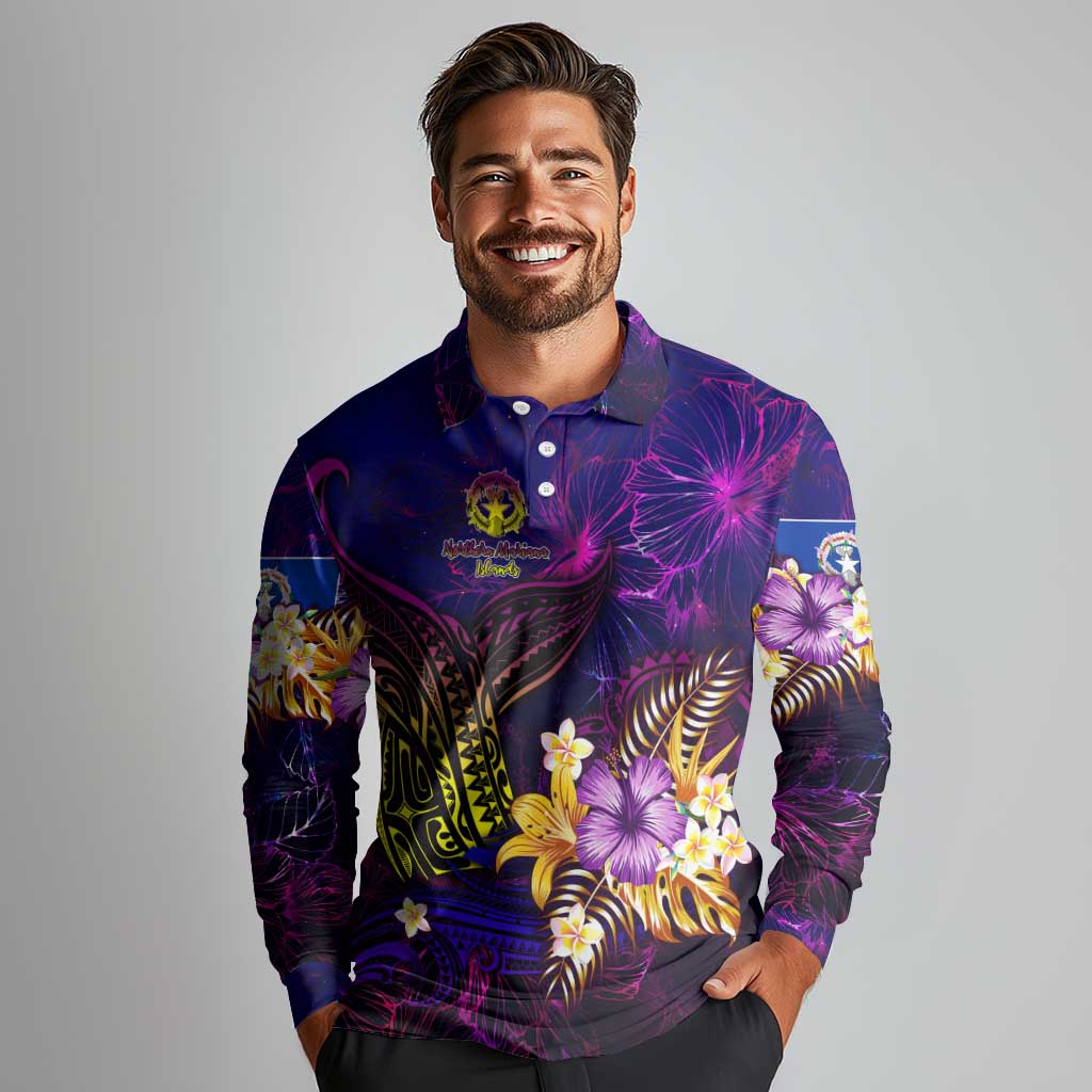 Northern Mariana Islands Long Sleeve Polo Shirt Whale Hibiscus Polynesian
