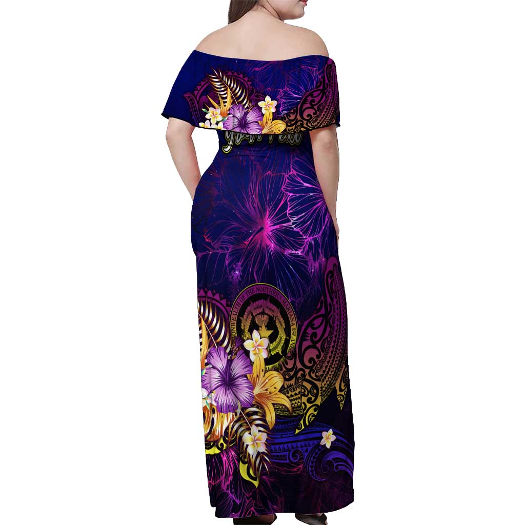 Northern Mariana Islands Off Shoulder Maxi Dress Whale Hibiscus Polynesian