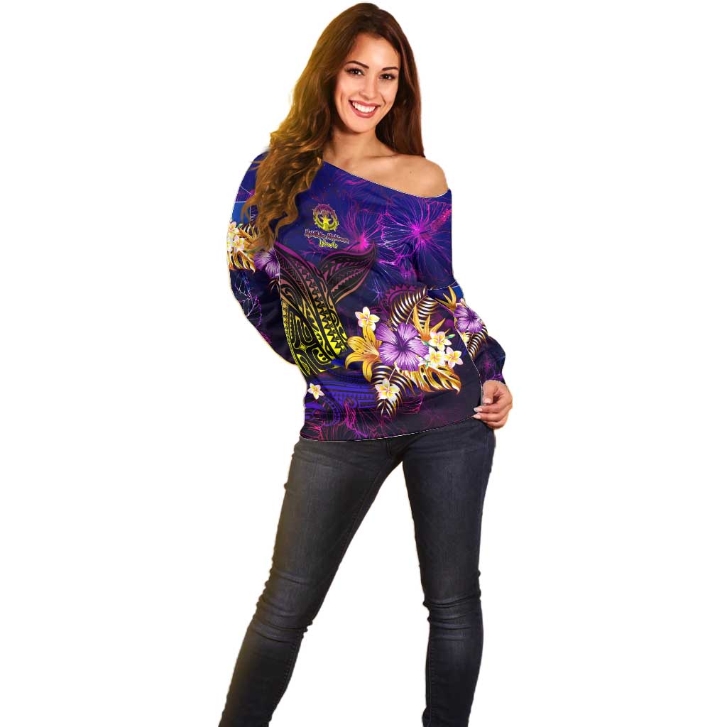 Northern Mariana Islands Off Shoulder Sweater Whale Hibiscus Polynesian