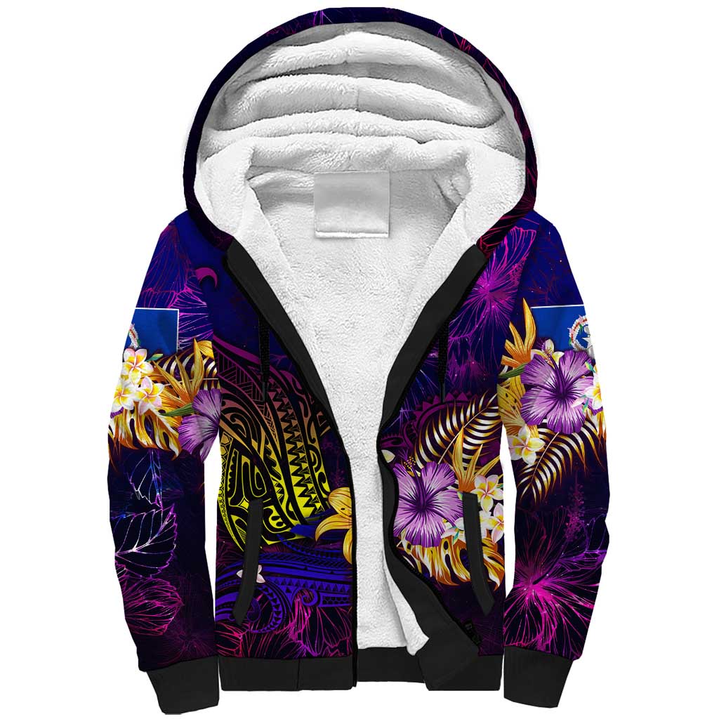 Northern Mariana Islands Sherpa Hoodie Whale Hibiscus Polynesian