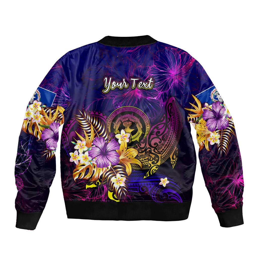 Northern Mariana Islands Sleeve Zip Bomber Jacket Whale Hibiscus Polynesian