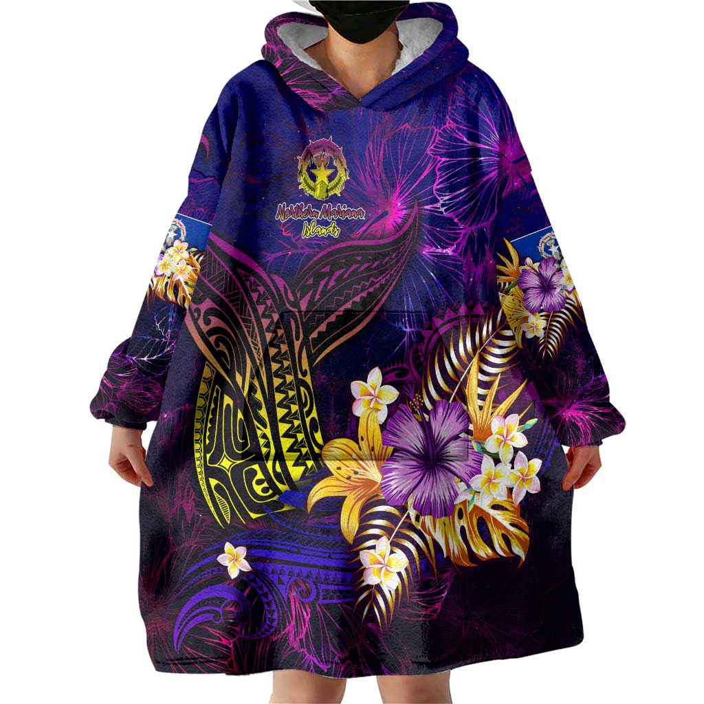 Northern Mariana Islands Wearable Blanket Hoodie Whale Hibiscus Polynesian