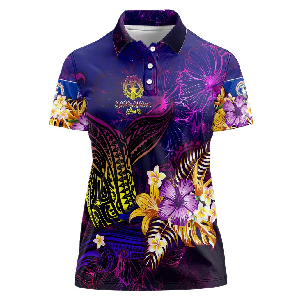 Northern Mariana Islands Women Polo Shirt Whale Hibiscus Polynesian