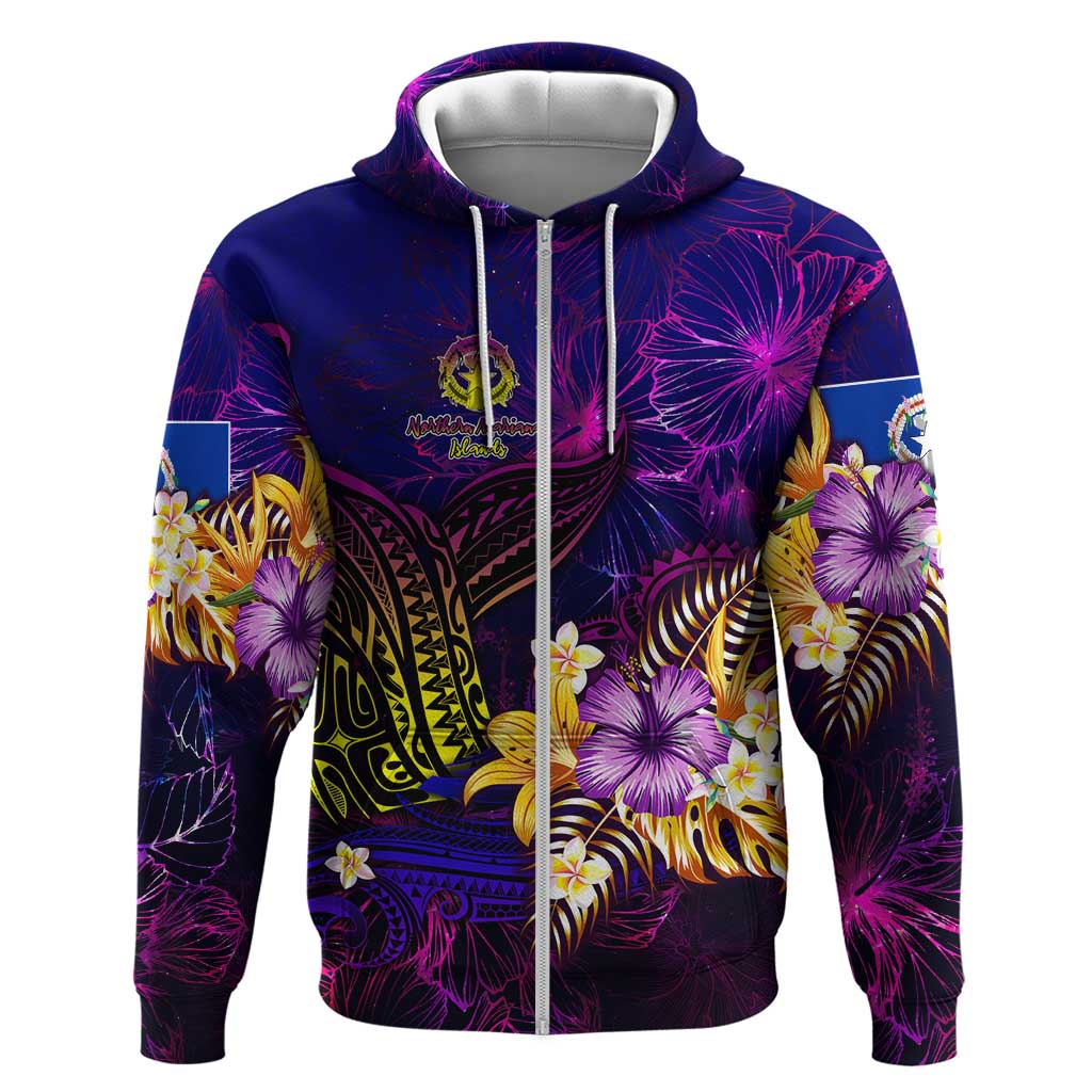 Northern Mariana Islands Zip Hoodie Whale Hibiscus Polynesian