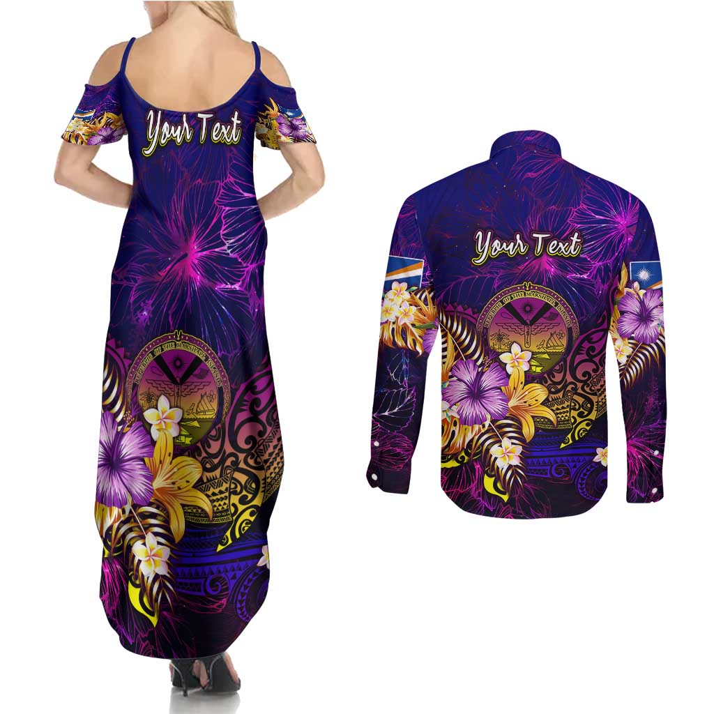 Marshall Islands Couples Matching Summer Maxi Dress and Long Sleeve Button Shirt Whale Hibiscus Polynesian