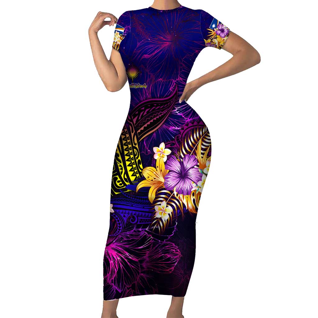 Marshall Islands Family Matching Short Sleeve Bodycon Dress and Hawaiian Shirt Whale Hibiscus Polynesian DT02 Mom's Dress Purple - Polynesian Pride