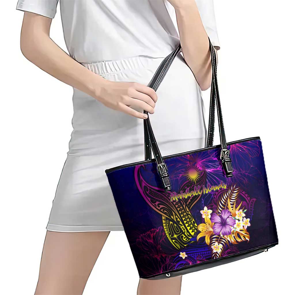 Marshall Islands Leather Tote Bag Whale Hibiscus Polynesian