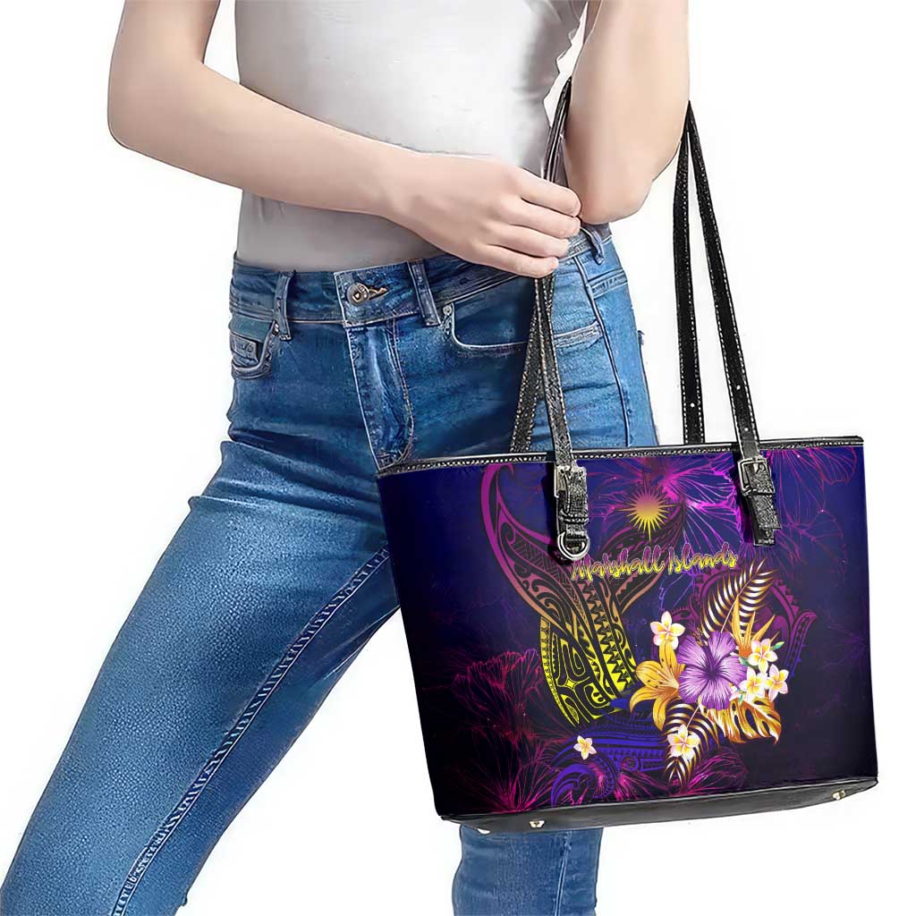 Marshall Islands Leather Tote Bag Whale Hibiscus Polynesian
