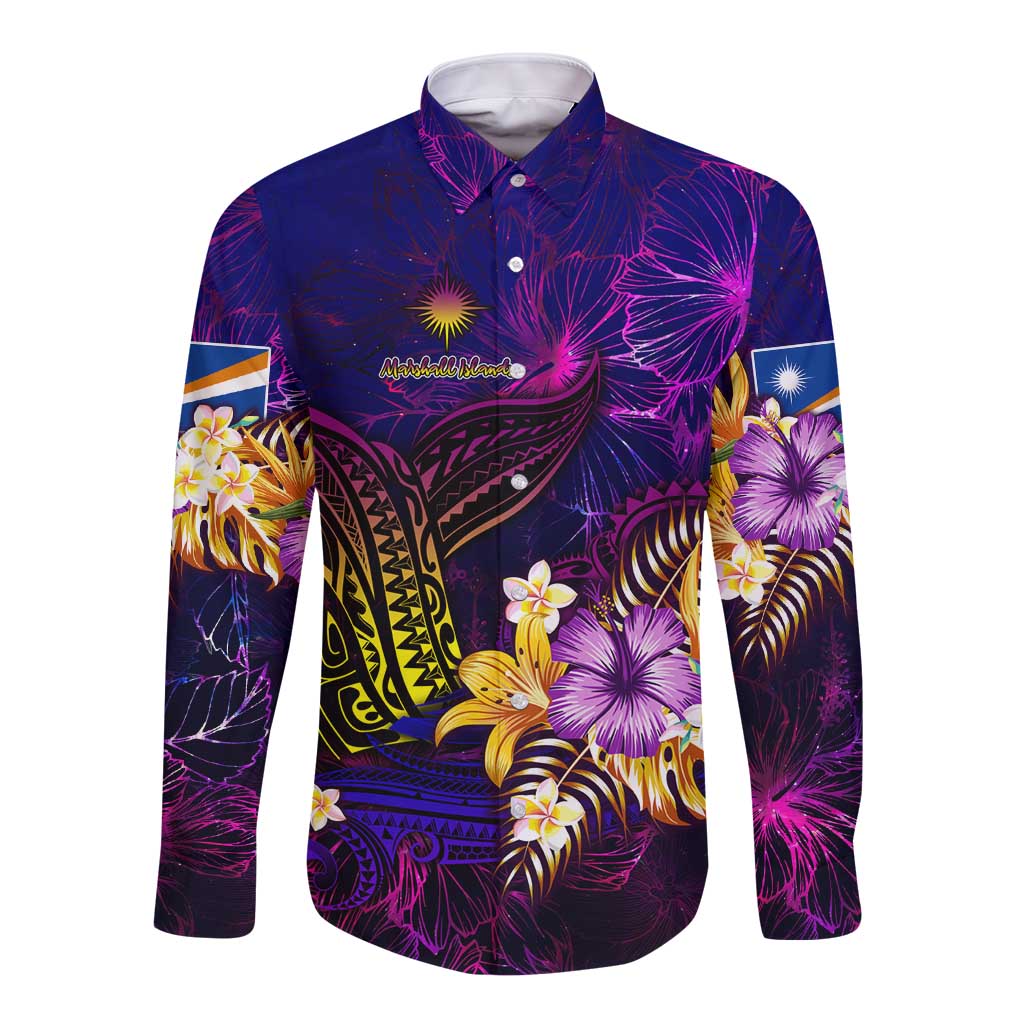 Marshall Islands Long Sleeve Button Shirt Whale Hibiscus Polynesian