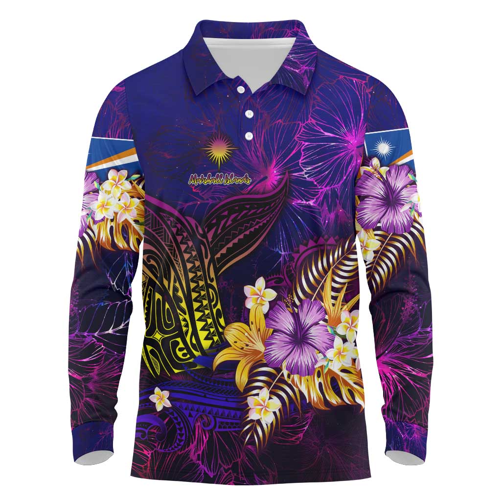 Marshall Islands Long Sleeve Polo Shirt Whale Hibiscus Polynesian DT02 Purple - Polynesian Pride