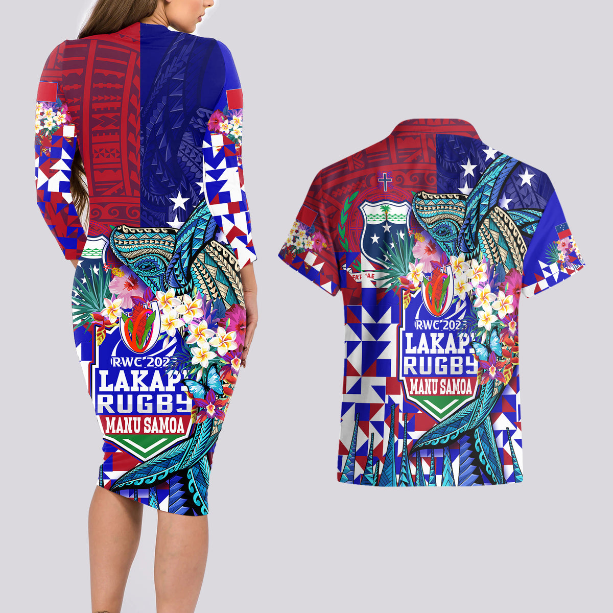 manu-samoa-rugby-2023-couples-matching-long-sleeve-bodycon-dress-and-hawaiian-shirt-humpback-whale-hexagon-tribal-tropical-style
