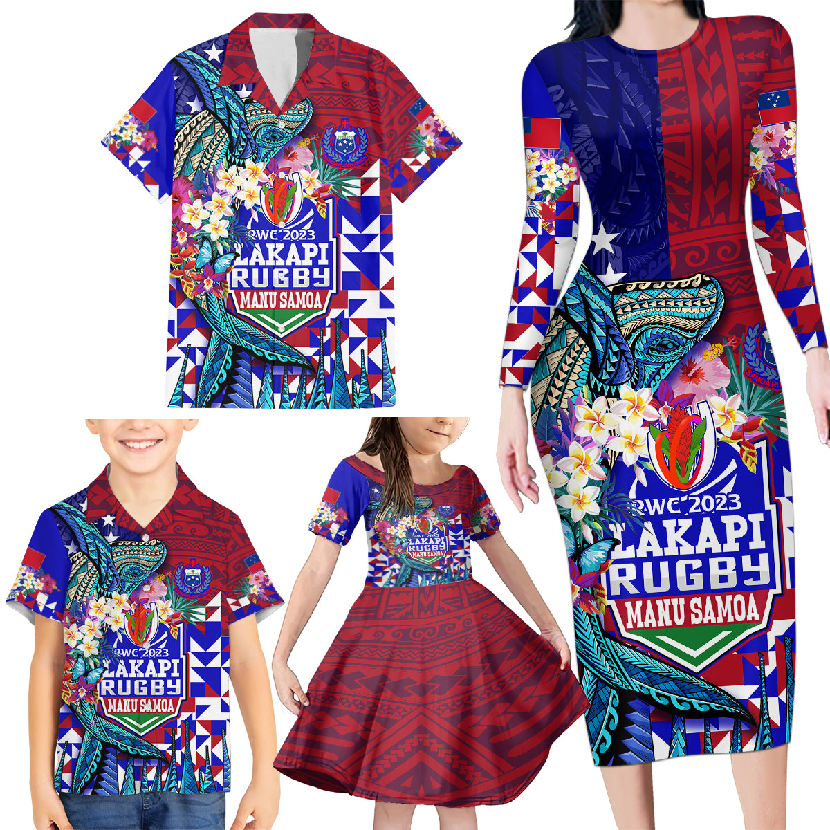 Manu Samoa Rugby 2023 Family Matching Long Sleeve Bodycon Dress and Hawaiian Shirt Humpback Whale Hexagon Tribal Tropical Style DT02 - Polynesian Pride