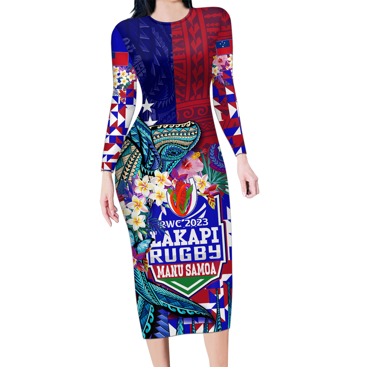 Manu Samoa Rugby 2023 Family Matching Long Sleeve Bodycon Dress and Hawaiian Shirt Humpback Whale Hexagon Tribal Tropical Style DT02 Mom's Dress Blue - Polynesian Pride