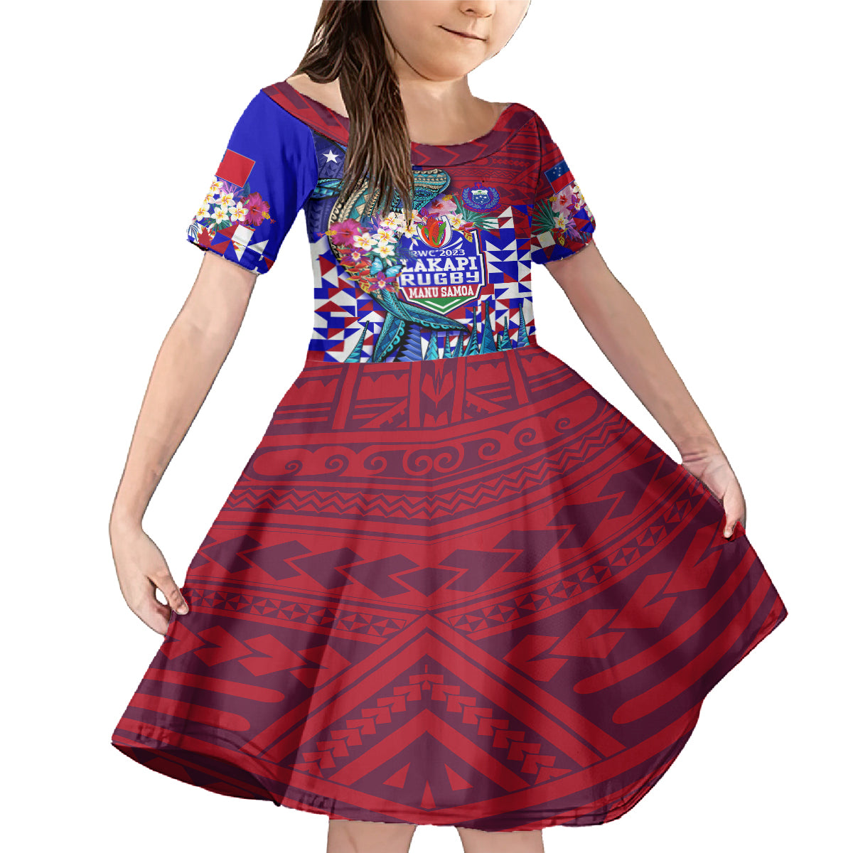 Manu Samoa Rugby 2023 Family Matching Mermaid Dress and Hawaiian Shirt Humpback Whale Hexagon Tribal Tropical Style DT02 Daughter's Dress Blue - Polynesian Pride