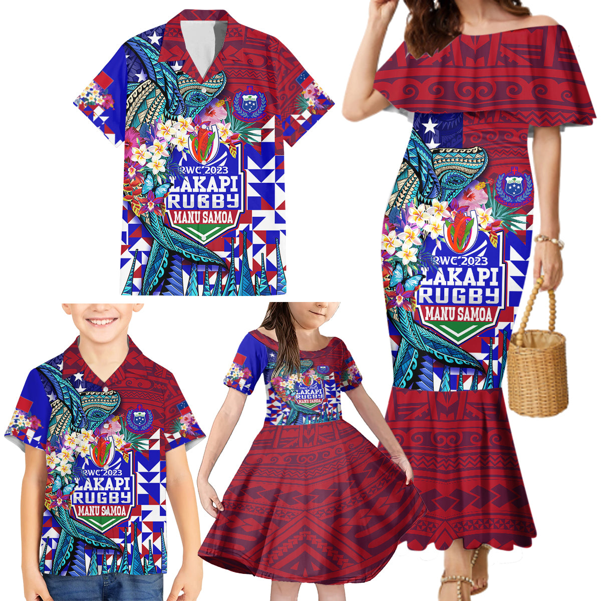 Manu Samoa Rugby 2023 Family Matching Mermaid Dress and Hawaiian Shirt Humpback Whale Hexagon Tribal Tropical Style DT02 - Polynesian Pride