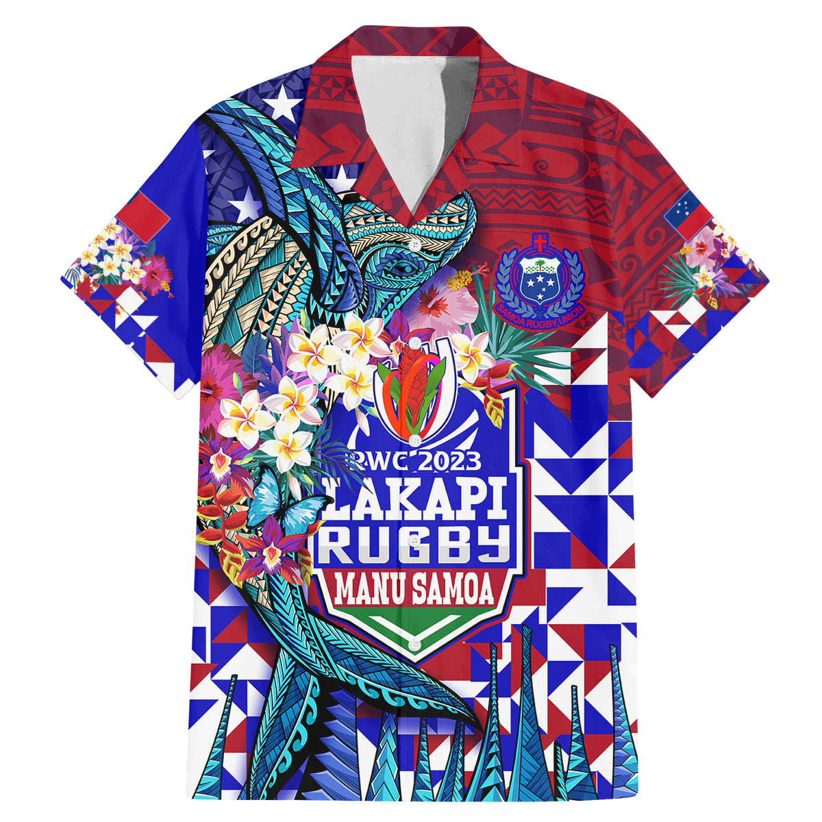 Manu Samoa Rugby 2023 Family Matching Mermaid Dress and Hawaiian Shirt Humpback Whale Hexagon Tribal Tropical Style DT02 Dad's Shirt - Short Sleeve Blue - Polynesian Pride