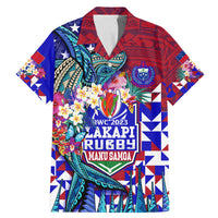 Manu Samoa Rugby 2023 Family Matching Mermaid Dress and Hawaiian Shirt Humpback Whale Hexagon Tribal Tropical Style DT02 Dad's Shirt - Short Sleeve Blue - Polynesian Pride