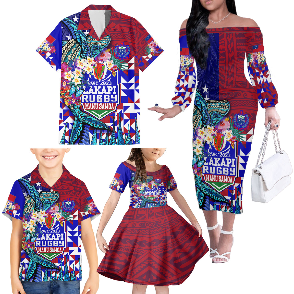 Manu Samoa Rugby 2023 Family Matching Off Shoulder Long Sleeve Dress and Hawaiian Shirt Humpback Whale Hexagon Tribal Tropical Style DT02 - Polynesian Pride