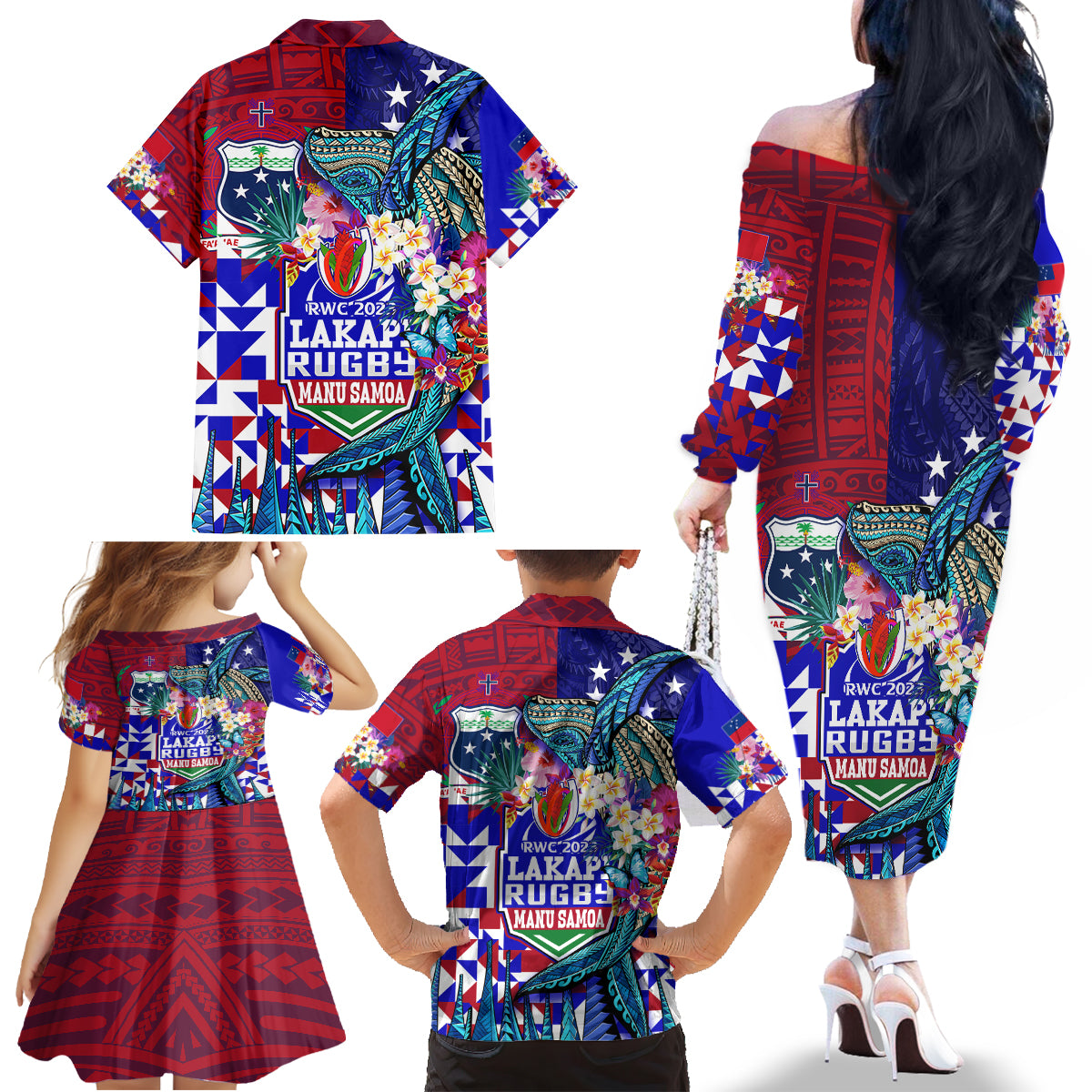 Manu Samoa Rugby 2023 Family Matching Off Shoulder Long Sleeve Dress and Hawaiian Shirt Humpback Whale Hexagon Tribal Tropical Style DT02 - Polynesian Pride