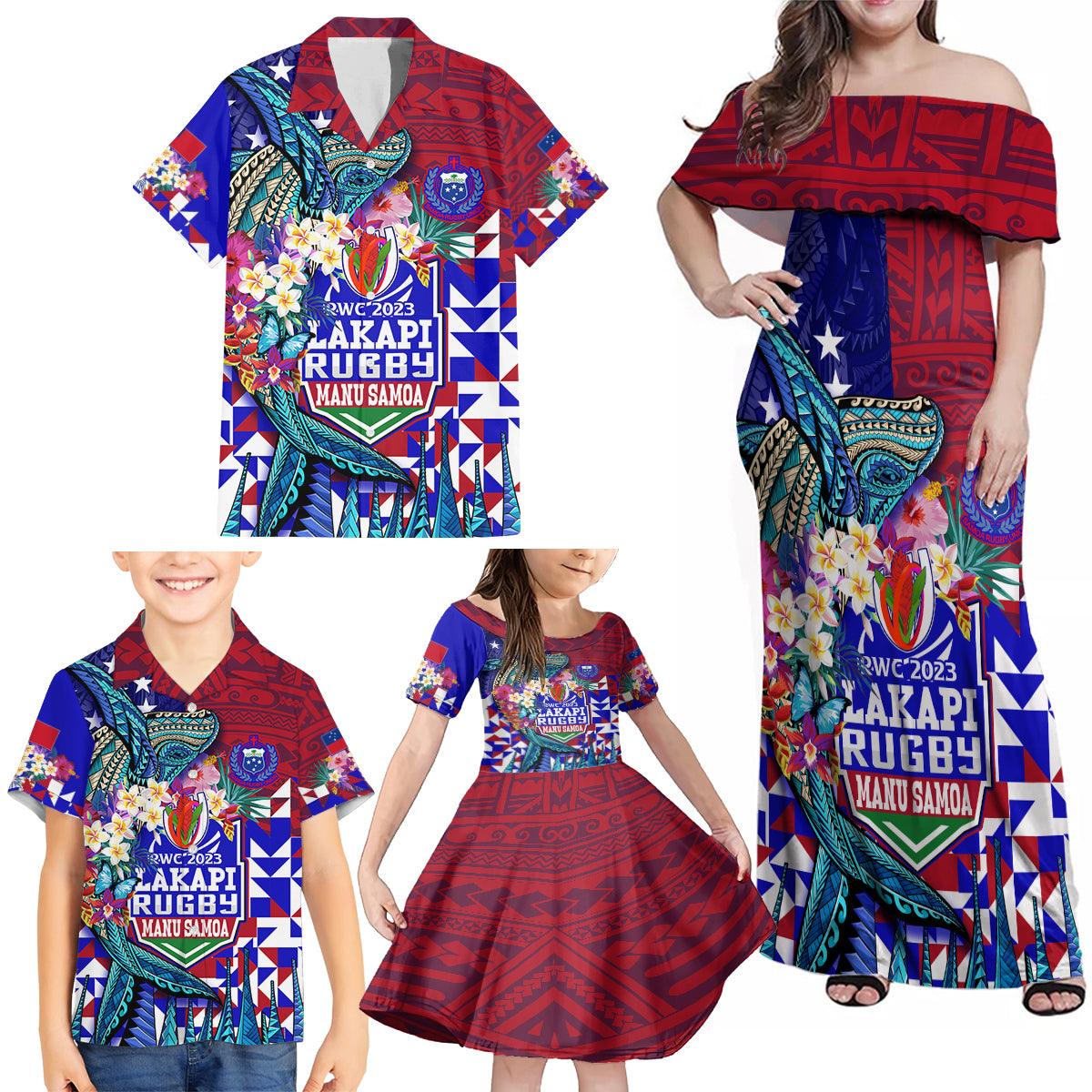 Manu Samoa Rugby 2023 Family Matching Off Shoulder Maxi Dress and Hawaiian Shirt Humpback Whale Hexagon Tribal Tropical Style DT02 - Polynesian Pride