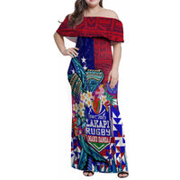 Manu Samoa Rugby 2023 Family Matching Off Shoulder Maxi Dress and Hawaiian Shirt Humpback Whale Hexagon Tribal Tropical Style DT02 Mom's Dress Blue - Polynesian Pride