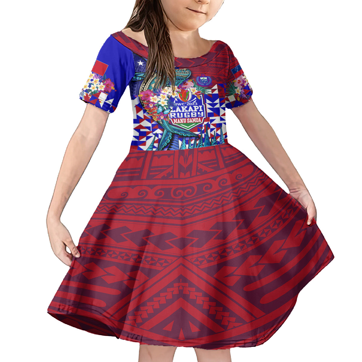 Manu Samoa Rugby 2023 Family Matching Off Shoulder Short Dress and Hawaiian Shirt Humpback Whale Hexagon Tribal Tropical Style DT02 Daughter's Dress Blue - Polynesian Pride