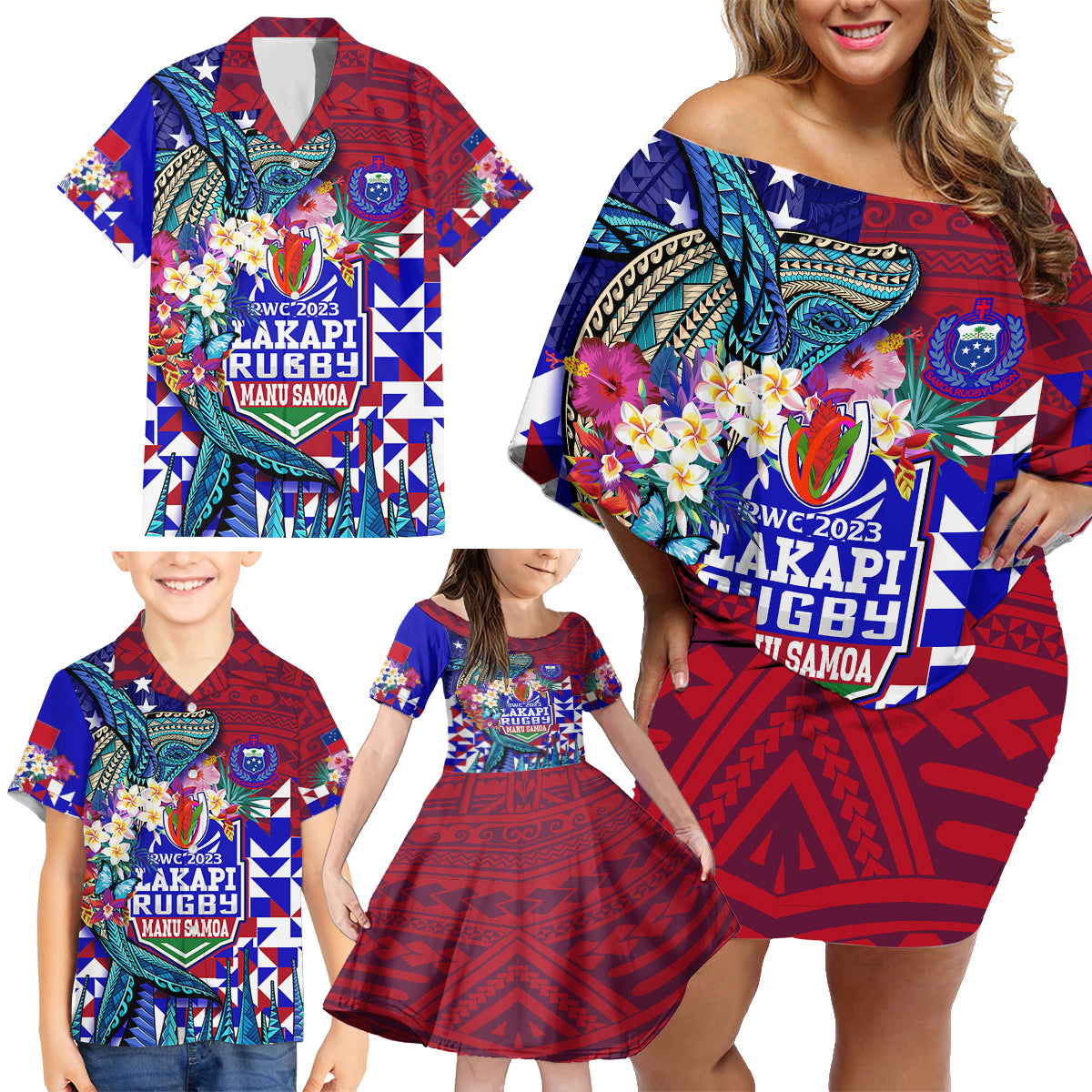 Manu Samoa Rugby 2023 Family Matching Off Shoulder Short Dress and Hawaiian Shirt Humpback Whale Hexagon Tribal Tropical Style DT02 - Polynesian Pride