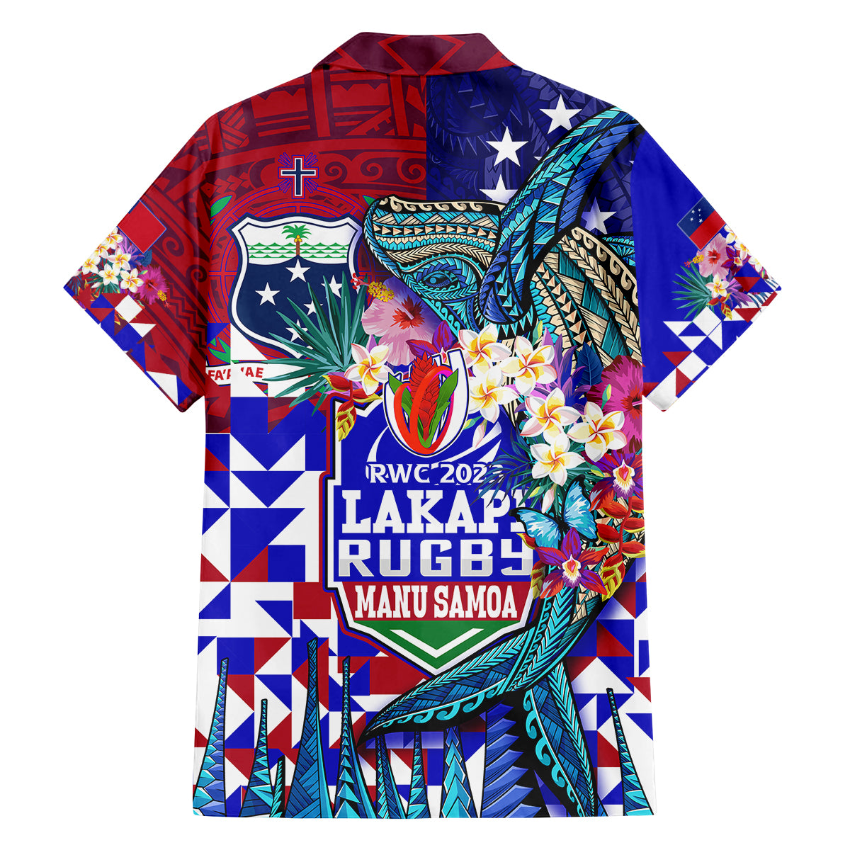 Manu Samoa Rugby 2023 Family Matching Off Shoulder Short Dress and Hawaiian Shirt Humpback Whale Hexagon Tribal Tropical Style DT02 - Polynesian Pride