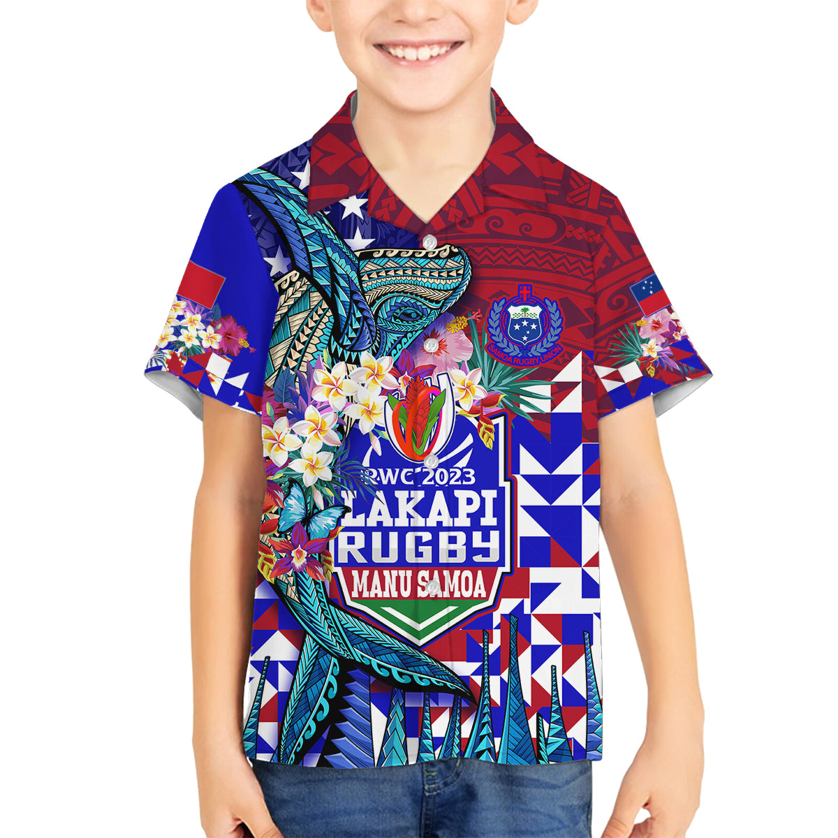 Manu Samoa Rugby 2023 Family Matching Off Shoulder Short Dress and Hawaiian Shirt Humpback Whale Hexagon Tribal Tropical Style DT02 Son's Shirt Blue - Polynesian Pride
