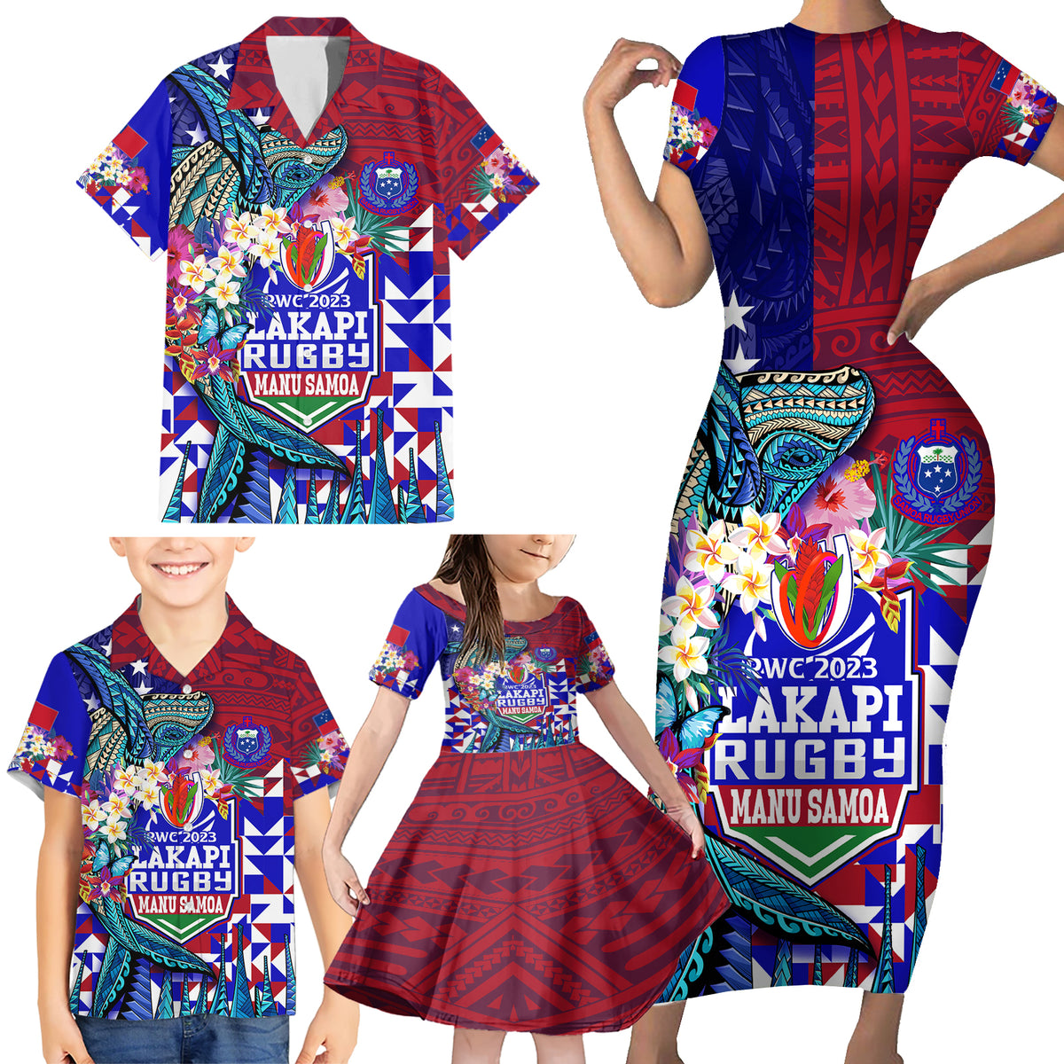 Manu Samoa Rugby 2023 Family Matching Short Sleeve Bodycon Dress and Hawaiian Shirt Humpback Whale Hexagon Tribal Tropical Style DT02 - Polynesian Pride