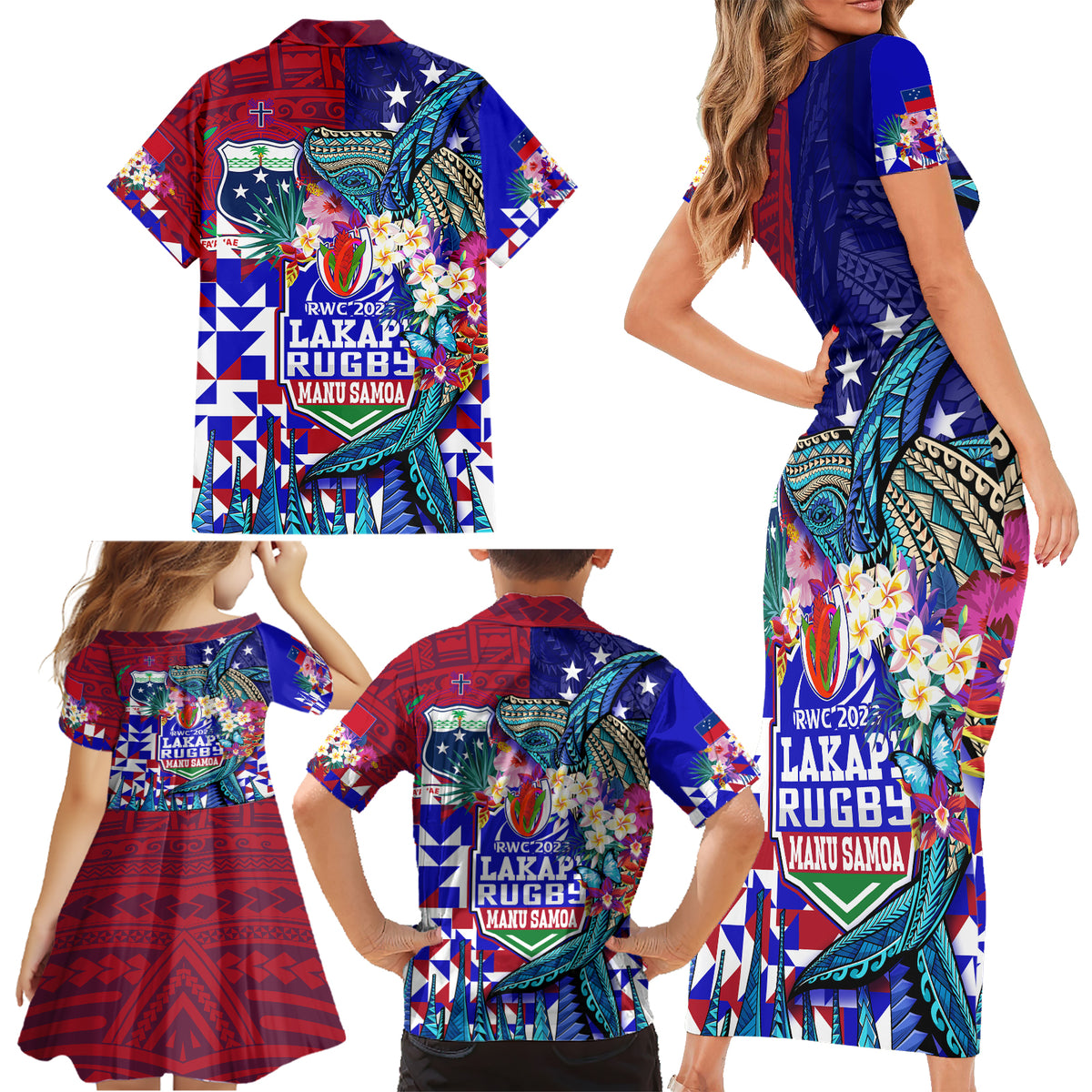 Manu Samoa Rugby 2023 Family Matching Short Sleeve Bodycon Dress and Hawaiian Shirt Humpback Whale Hexagon Tribal Tropical Style DT02 - Polynesian Pride