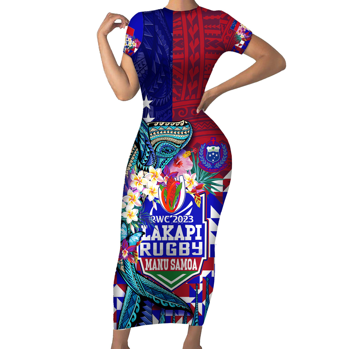 Manu Samoa Rugby 2023 Family Matching Short Sleeve Bodycon Dress and Hawaiian Shirt Humpback Whale Hexagon Tribal Tropical Style DT02 Mom's Dress Blue - Polynesian Pride