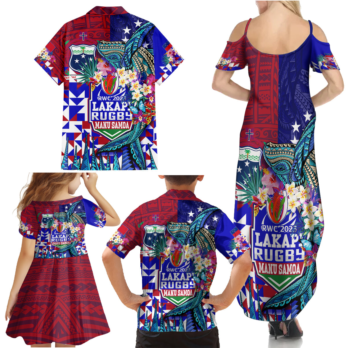 Manu Samoa Rugby 2023 Family Matching Summer Maxi Dress and Hawaiian Shirt Humpback Whale Hexagon Tribal Tropical Style DT02 - Polynesian Pride