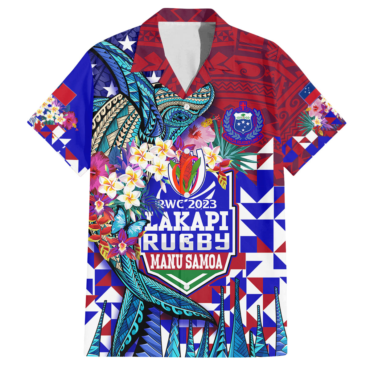 Manu Samoa Rugby 2023 Family Matching Summer Maxi Dress and Hawaiian Shirt Humpback Whale Hexagon Tribal Tropical Style DT02 Dad's Shirt - Short Sleeve Blue - Polynesian Pride