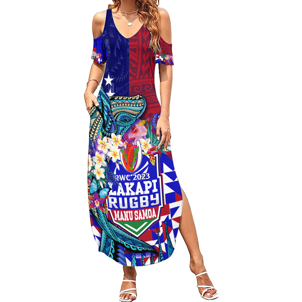 Manu Samoa Rugby 2023 Family Matching Summer Maxi Dress and Hawaiian Shirt Humpback Whale Hexagon Tribal Tropical Style DT02 Mom's Dress Blue - Polynesian Pride