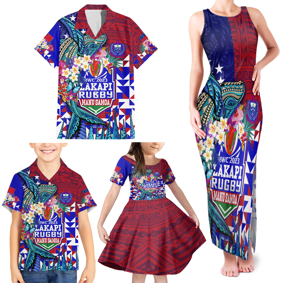 Manu Samoa Rugby 2023 Family Matching Tank Maxi Dress and Hawaiian Shirt Humpback Whale Hexagon Tribal Tropical Style DT02 - Polynesian Pride