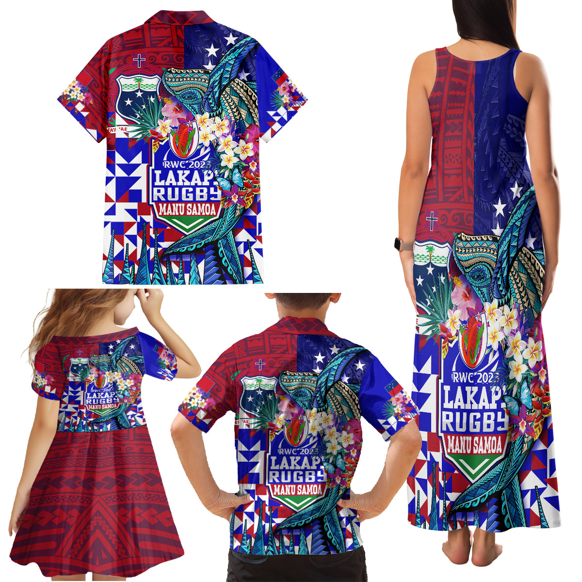 Manu Samoa Rugby 2023 Family Matching Tank Maxi Dress and Hawaiian Shirt Humpback Whale Hexagon Tribal Tropical Style DT02 - Polynesian Pride
