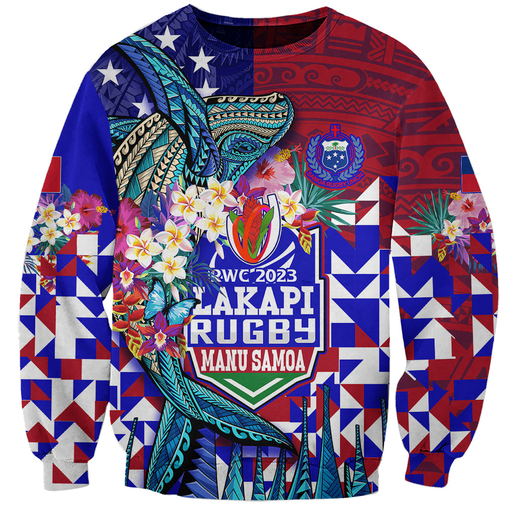 Manu Samoa Rugby 2023 Sweatshirt Humpback Whale Hexagon Tribal Tropical Style DT02 Unisex Blue - Polynesian Pride