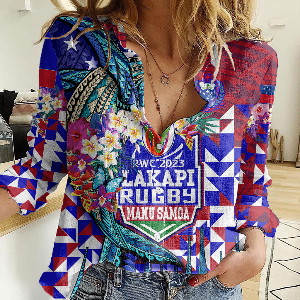 Manu Samoa Rugby 2023 Women Casual Shirt Humpback Whale Hexagon Tribal Tropical Style DT02 Female Blue - Polynesian Pride
