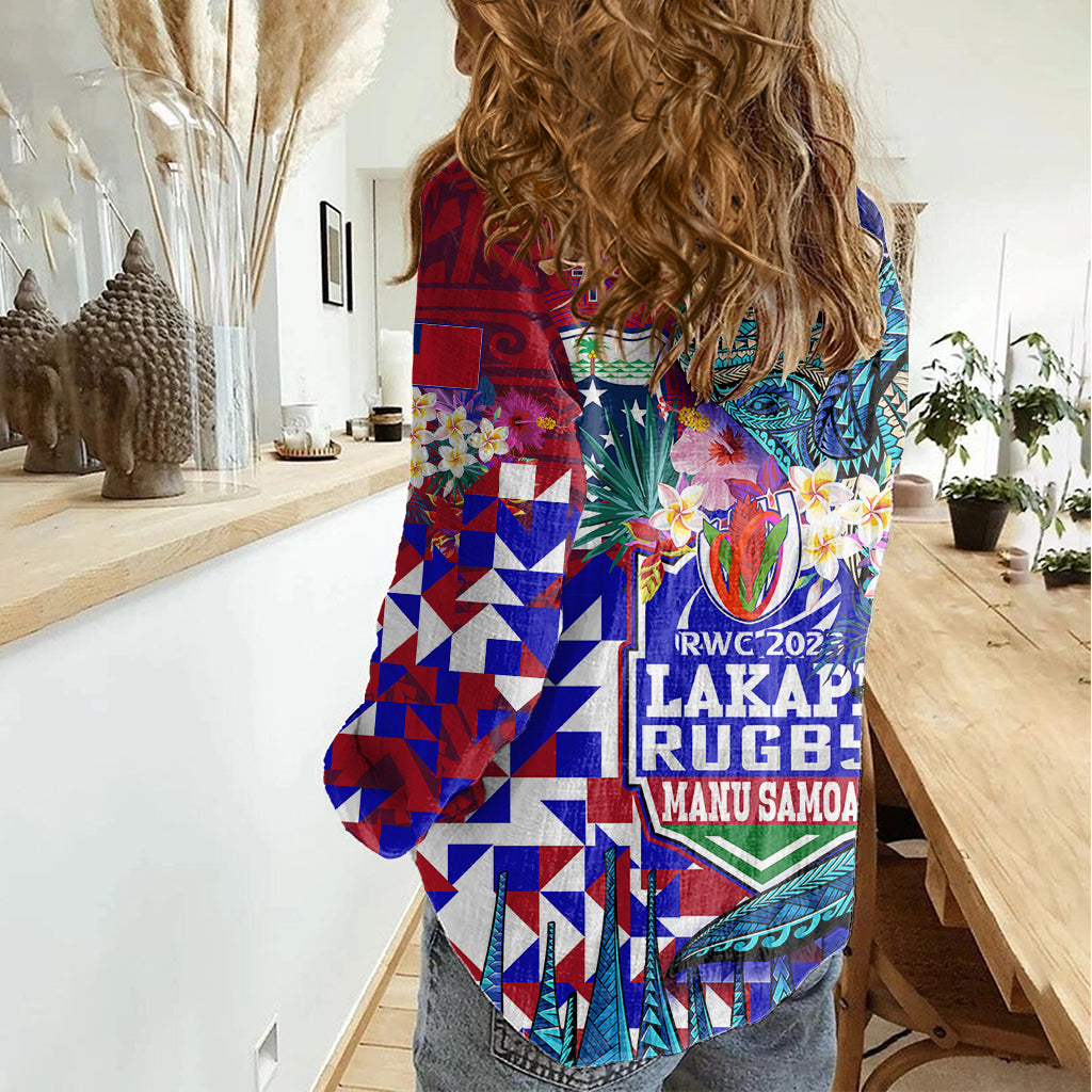 Manu Samoa Rugby 2023 Women Casual Shirt Humpback Whale Hexagon Tribal Tropical Style DT02 - Polynesian Pride