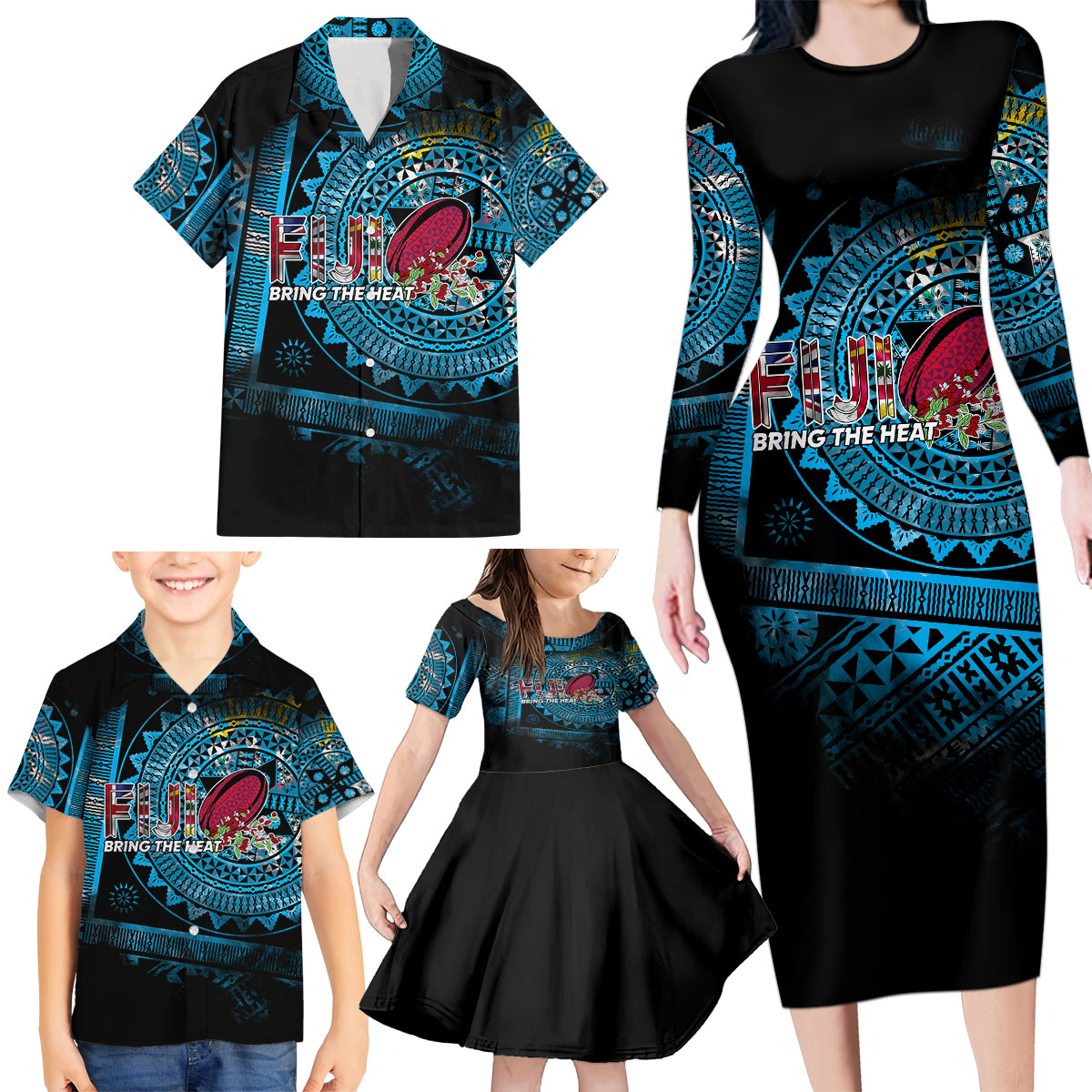 Fiji Rugby Family Matching Long Sleeve Bodycon Dress and Hawaiian Shirt Bring The Heat DT02 - Polynesian Pride