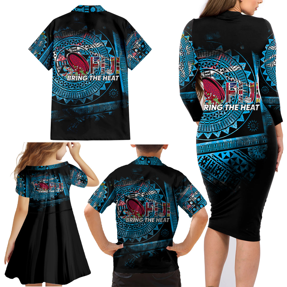Fiji Rugby Family Matching Long Sleeve Bodycon Dress and Hawaiian Shirt Bring The Heat DT02 - Polynesian Pride