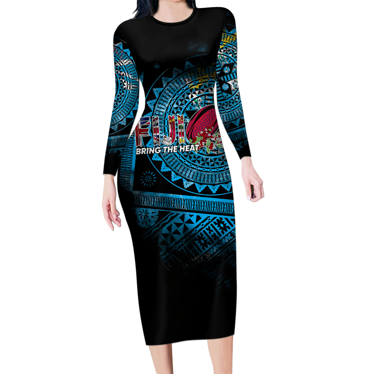 Fiji Rugby Family Matching Long Sleeve Bodycon Dress and Hawaiian Shirt Bring The Heat DT02 Mom's Dress Blue - Polynesian Pride