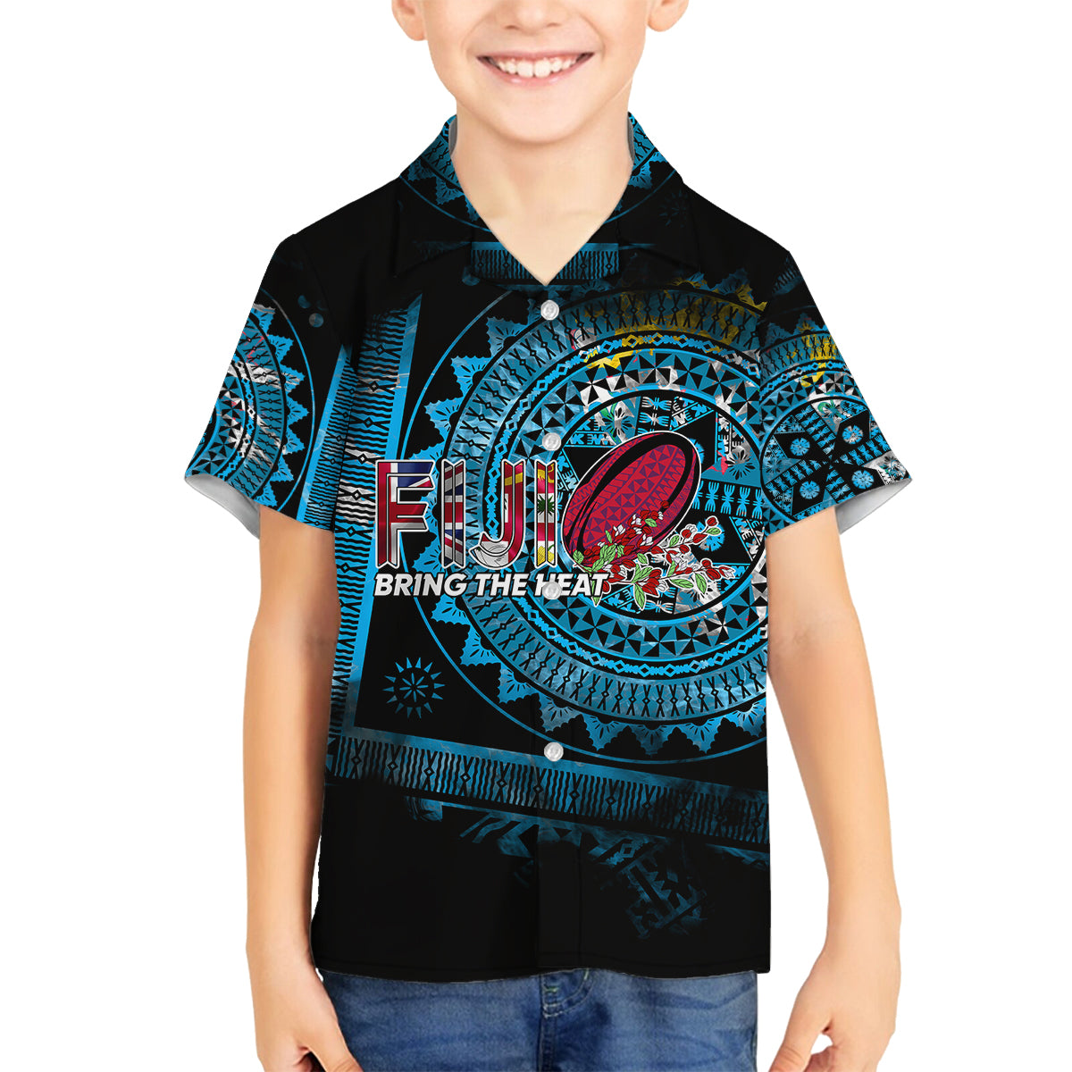 Fiji Rugby Family Matching Long Sleeve Bodycon Dress and Hawaiian Shirt Bring The Heat DT02 Son's Shirt Blue - Polynesian Pride