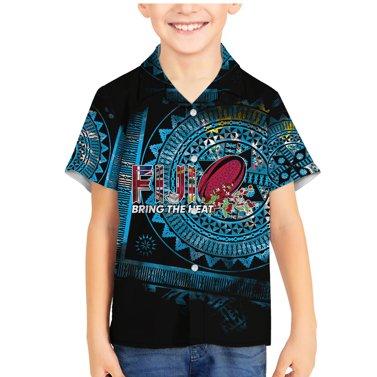 Fiji Rugby Family Matching Mermaid Dress and Hawaiian Shirt Bring The Heat DT02 Son's Shirt Blue - Polynesian Pride