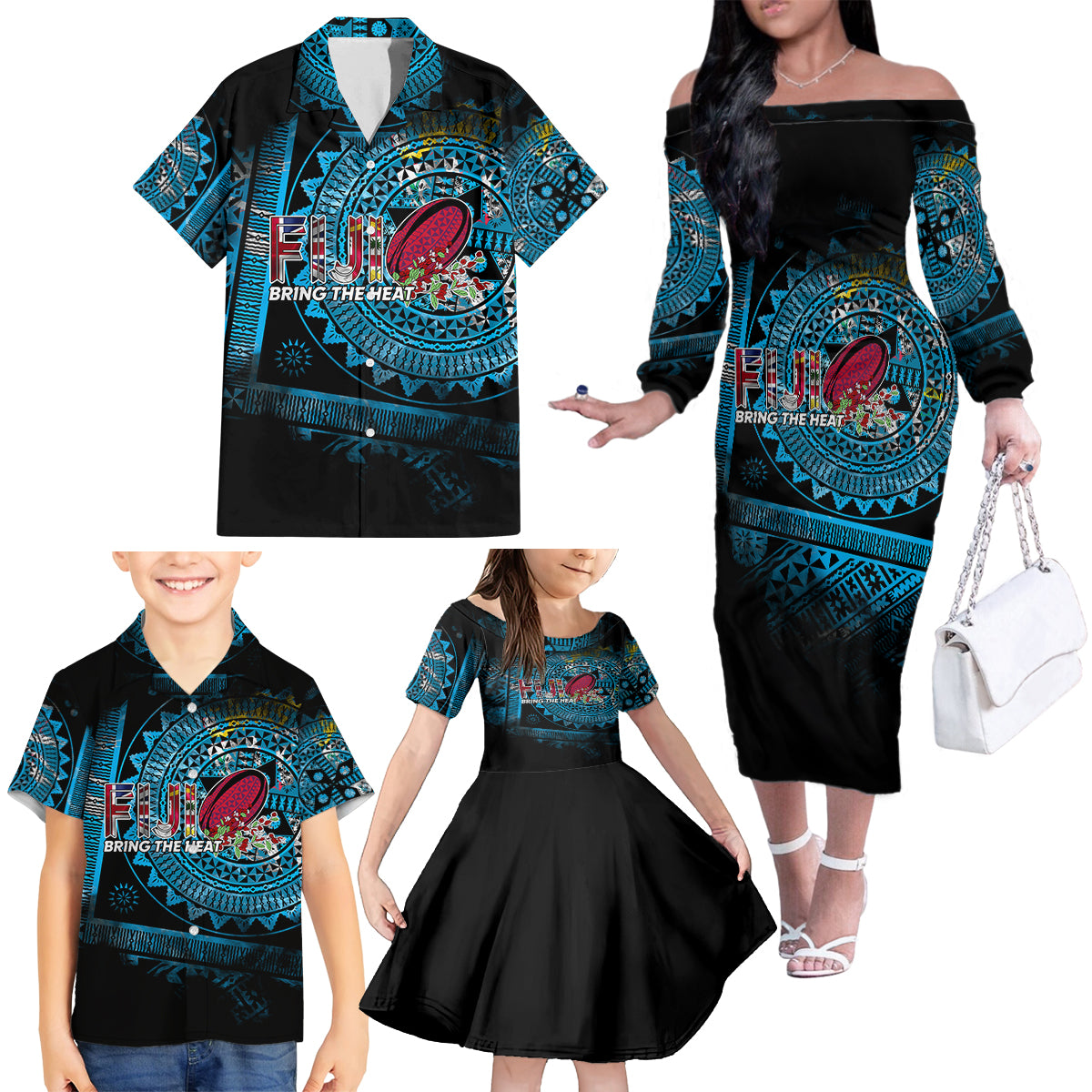 Fiji Rugby Family Matching Off Shoulder Long Sleeve Dress and Hawaiian Shirt Bring The Heat DT02 - Polynesian Pride