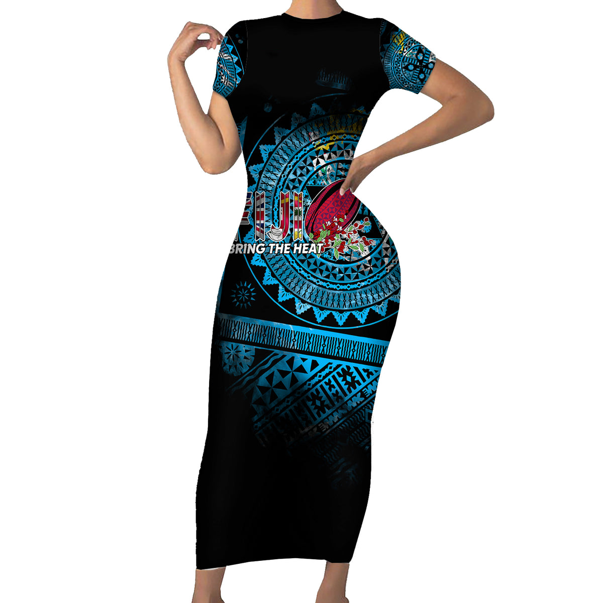 Fiji Rugby Family Matching Short Sleeve Bodycon Dress and Hawaiian Shirt Bring The Heat DT02 Mom's Dress Blue - Polynesian Pride