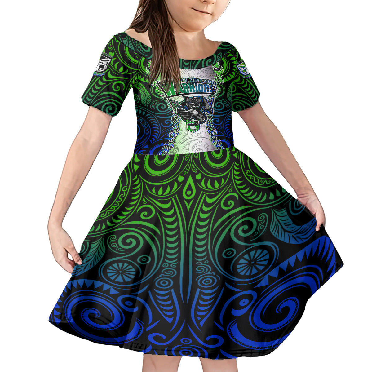 Personalised New Zealand Warriors Family Matching Off Shoulder Long Sleeve Dress and Hawaiian Shirt Maori Silver Fern Green DT02 Daughter's Dress Green - Polynesian Pride