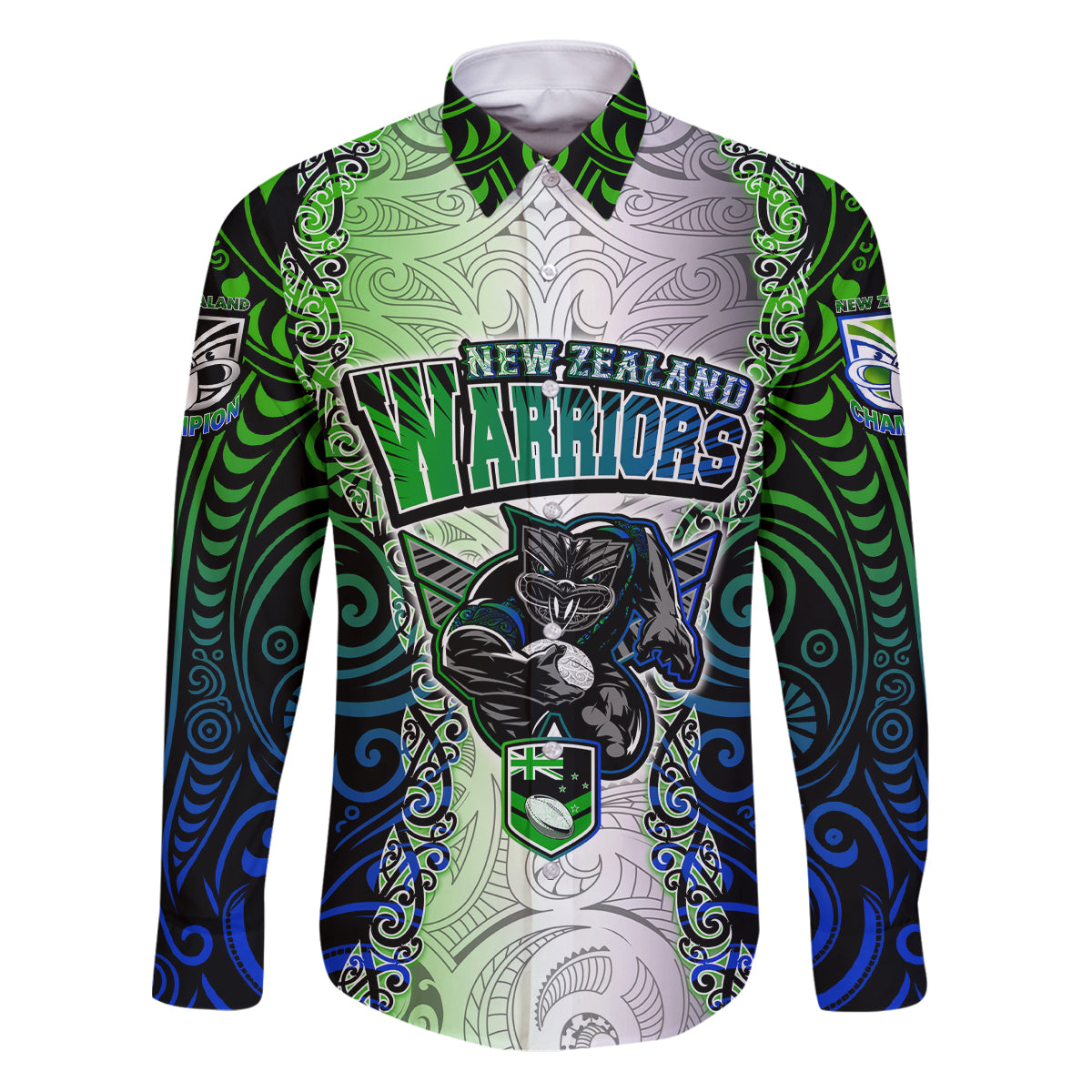 Personalised New Zealand Warriors Family Matching Puletasi Dress and Hawaiian Shirt Maori Silver Fern Green DT02 Dad's Shirt - Long Sleeve Green - Polynesian Pride